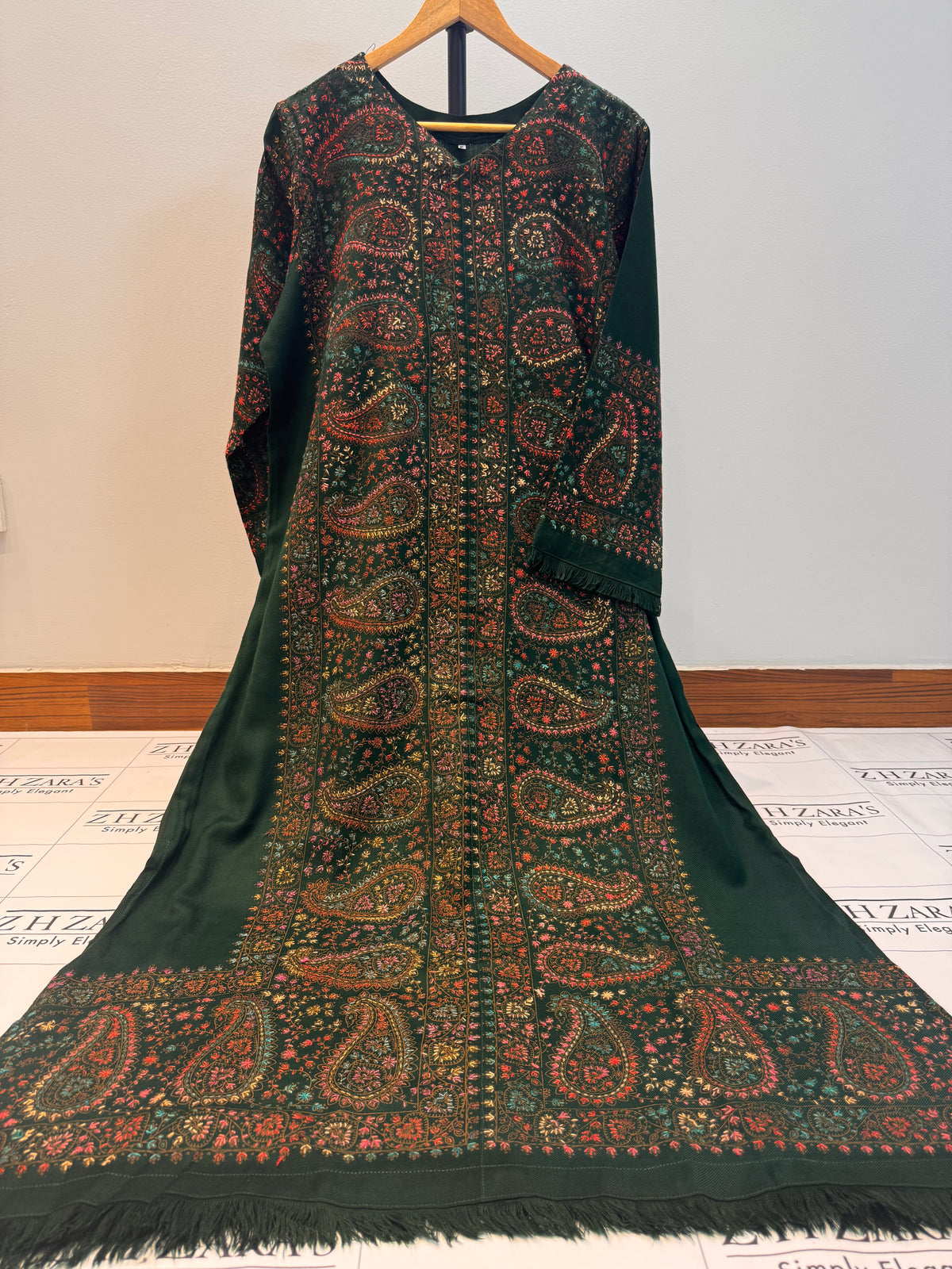 Bottle Green Needle Emb Pashmina Kaftan Shirt