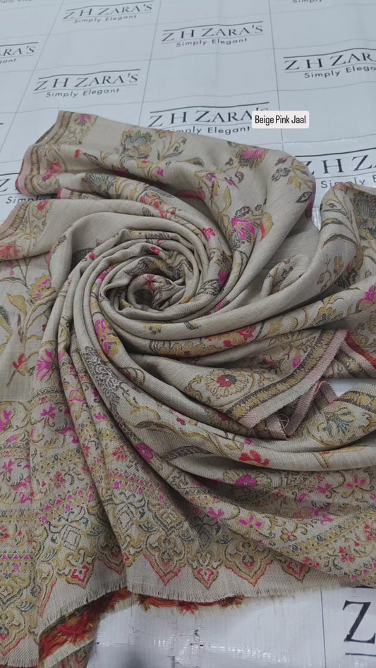 Beige Pink Jaal Kani Pashmina Shawl