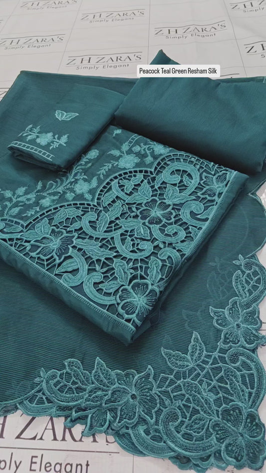 Peacock Teal Green Resham Silk Cutwork 3pc