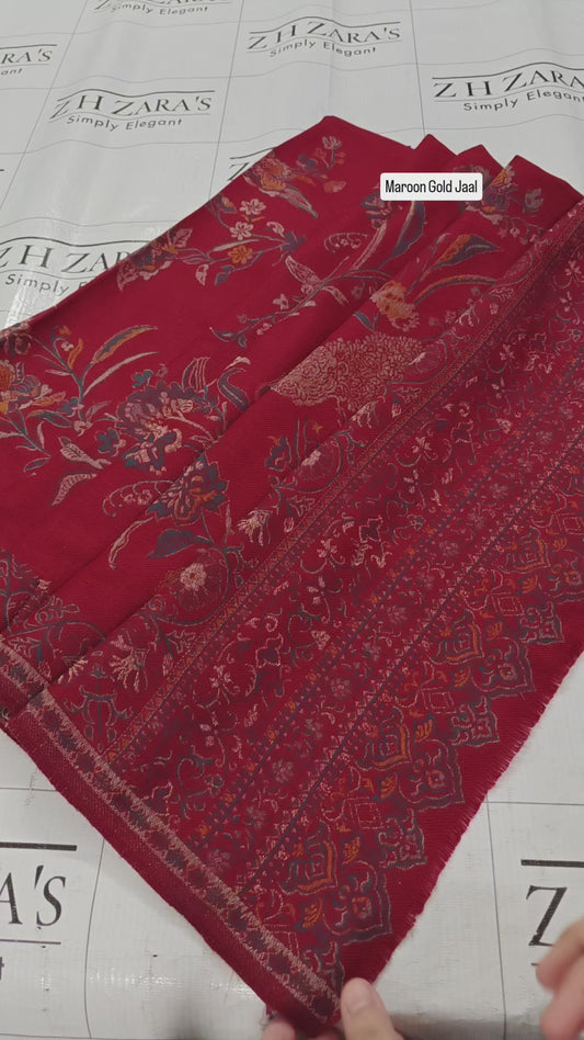 Maroon Gold Jaal Kani Pashmina Shawl