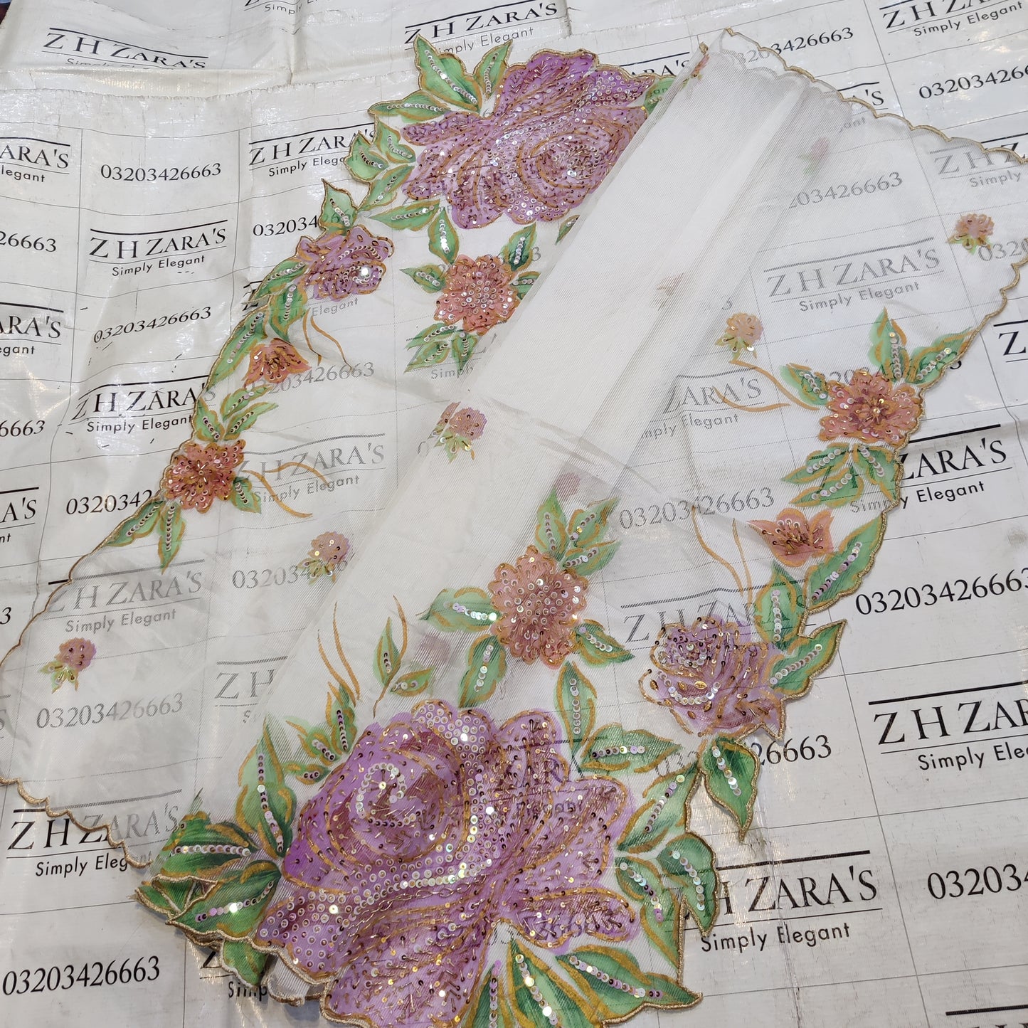 Pearl White Hand Embellished Hand painted Cutwork