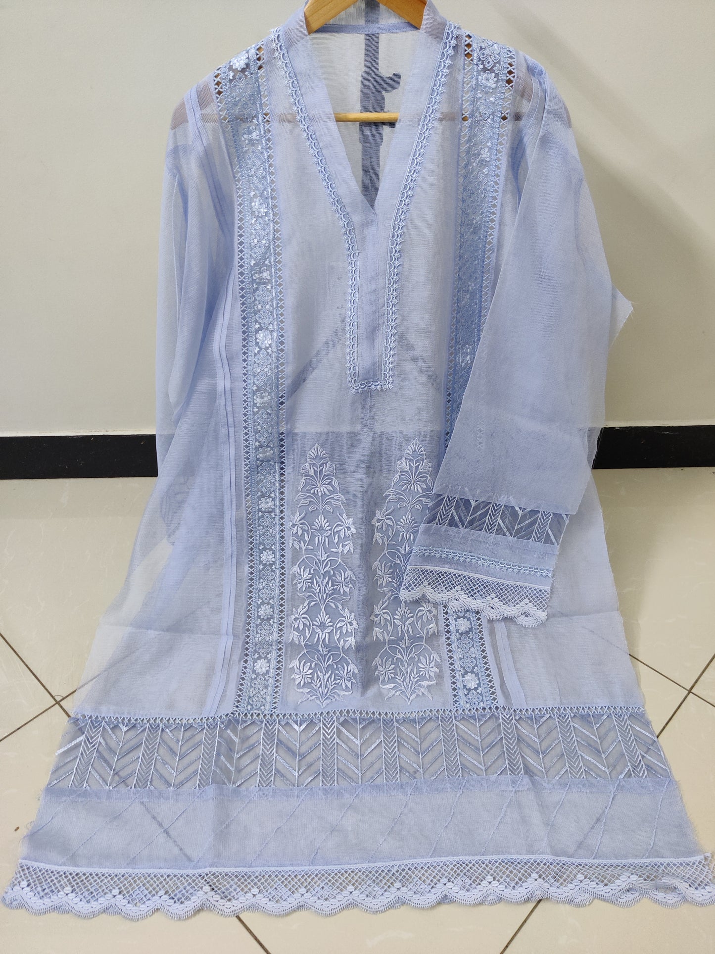 Cutwork Silk Applique Ice Blue 2pc