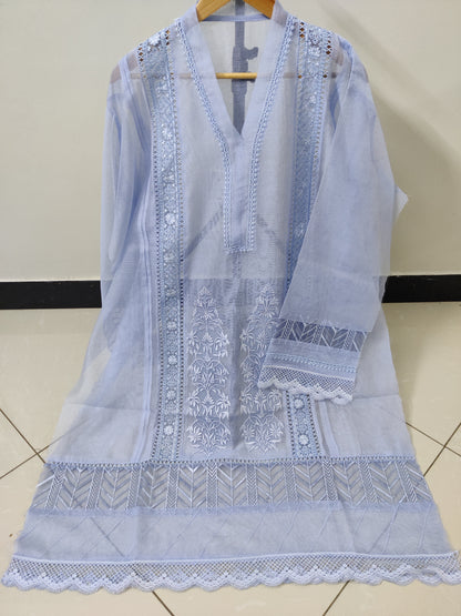 Cutwork Silk Applique Ice Blue 2pc