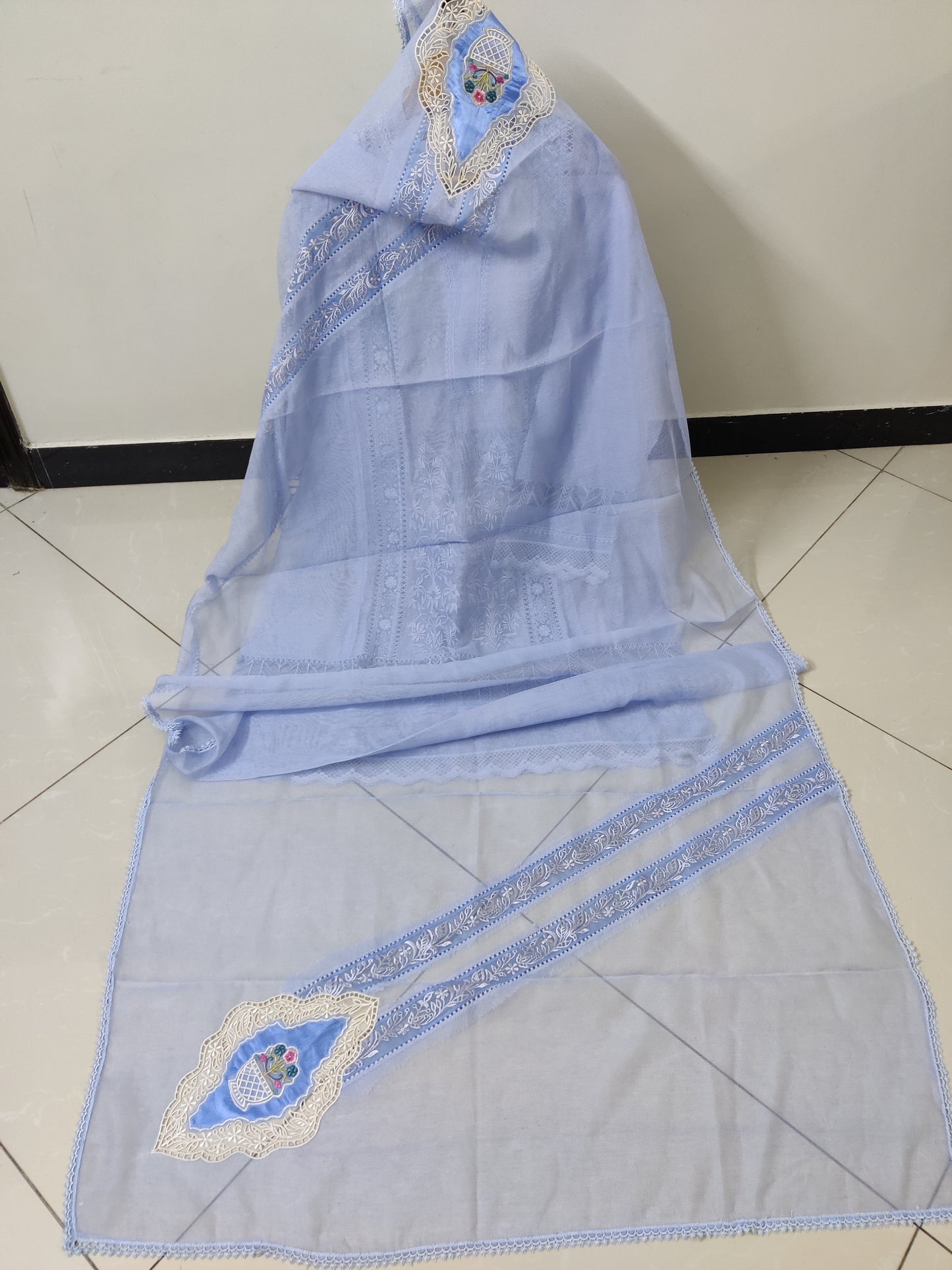 Cutwork Silk Applique Ice Blue 2pc