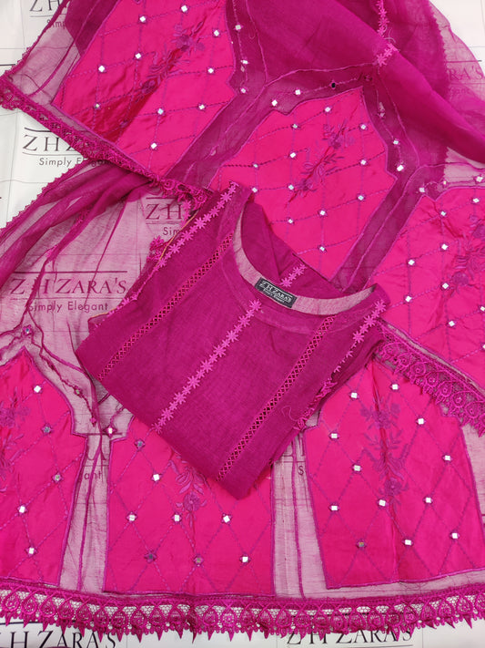 Silk Applique Pishwas Hot Pink 3pc