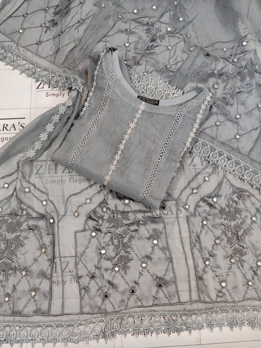 Silk Applique Pishwas Grey 3pc