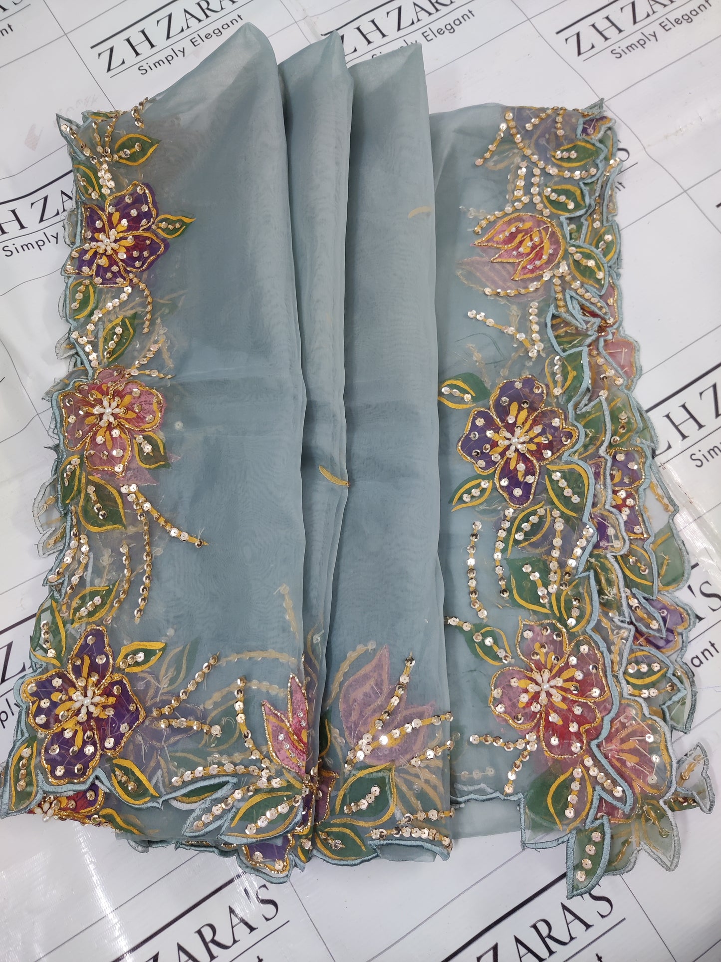 Aqua Hand Embellished Hand Painted Cutwork 3pc
