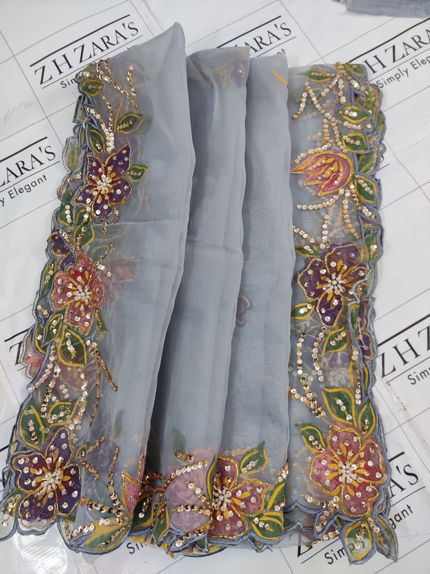 Grey Hand Embellished Hand Painted Cutwork 2pc