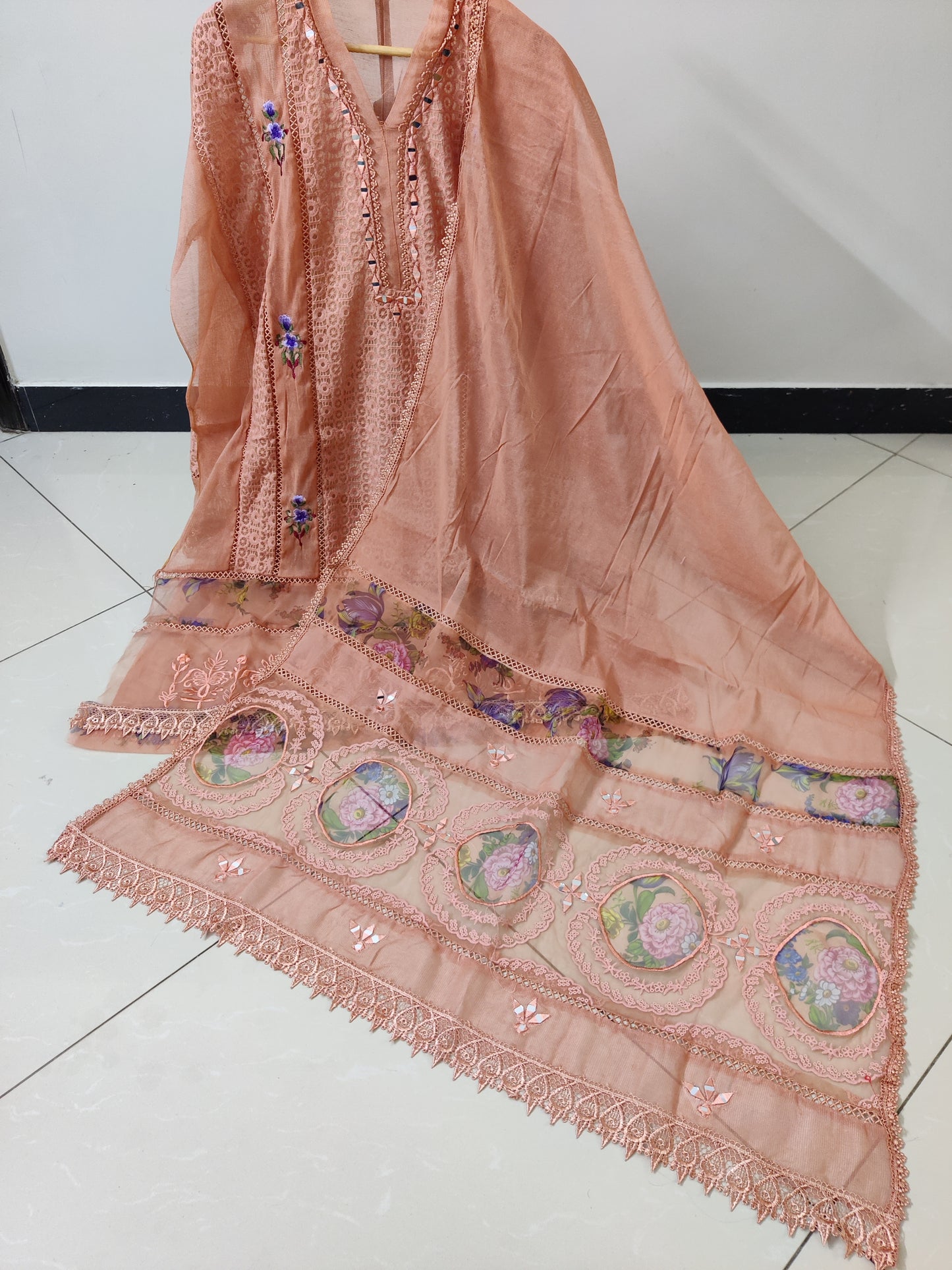 Dusty Peach Organza Applique Cutwork 3pc