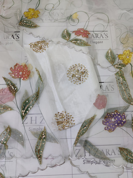 White V2 Hand Embellished Hand Painted Cutwork 3pc