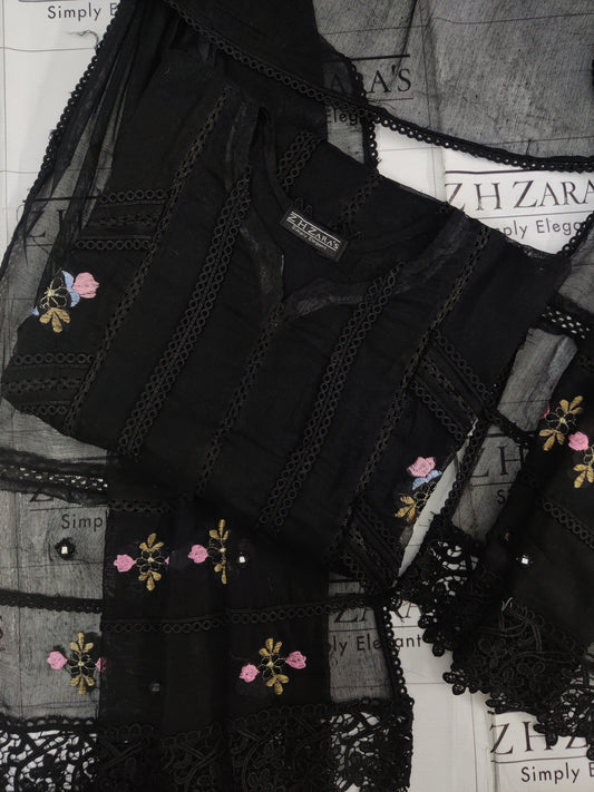 Black Cut Panel Cutwork 3pc