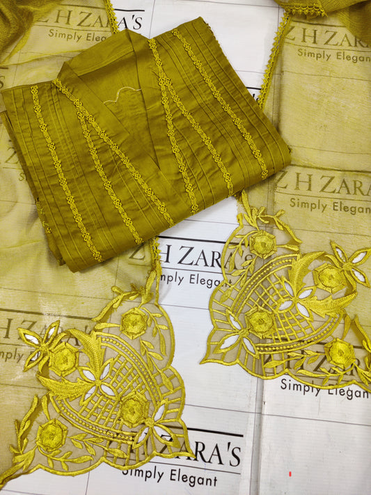 Mustard Lawn 3d Cutwork Daman 3pc