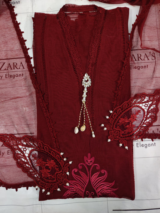 Maroon Tassel Cutwork 2pc