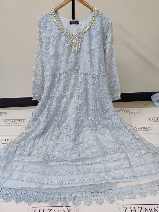 Stitched 4pc Anarkali Frock Ice Blue