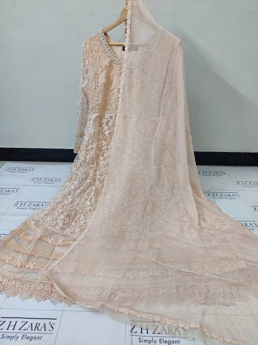 Stitched 4pc Anarkali Frock Powder Peach