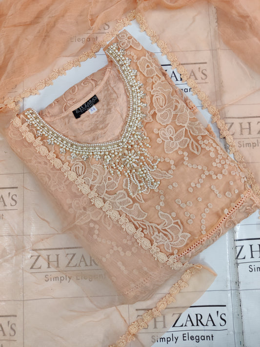 Stitched 4pc Anarkali Frock Mud Peach