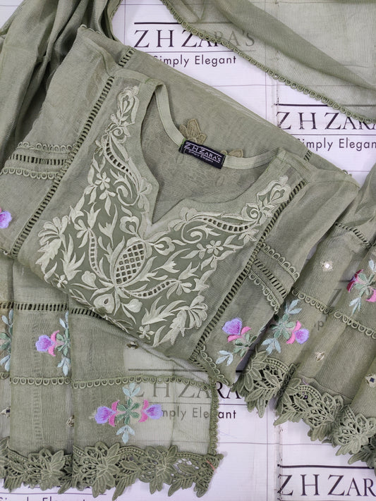 Olive Green Cut Panel Cutwork 3pc