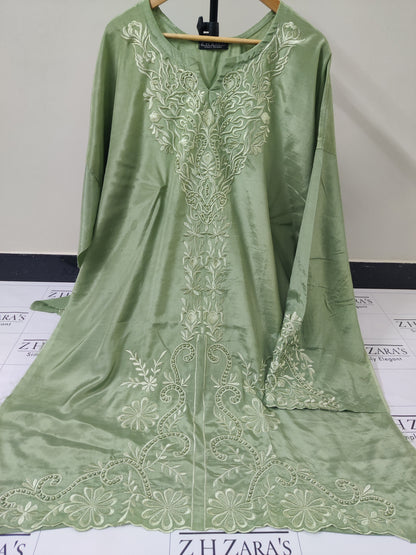 Olive Green Rawsilk Embroidery Cutwork 3pc