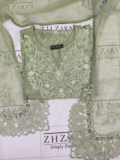 Olive Green Rawsilk Embroidery Cutwork 3pc