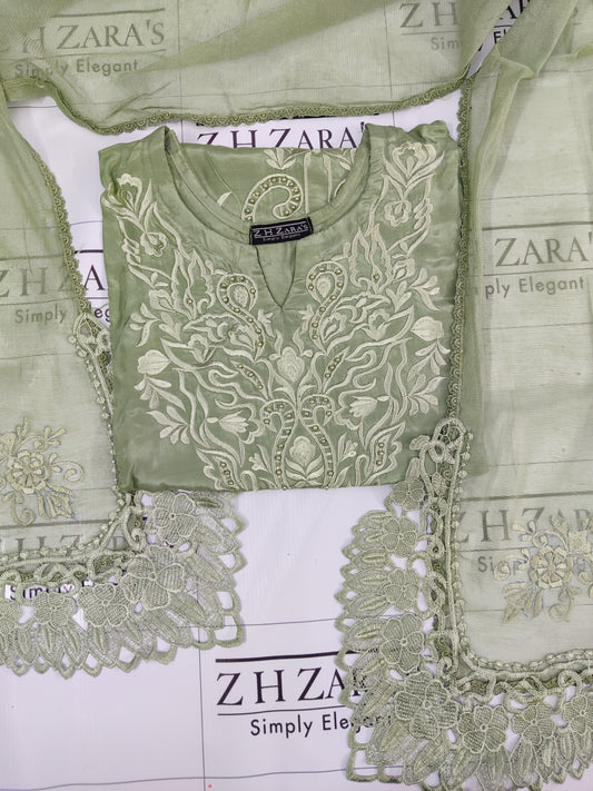 Olive Green Rawsilk Embroidery Cutwork 3pc