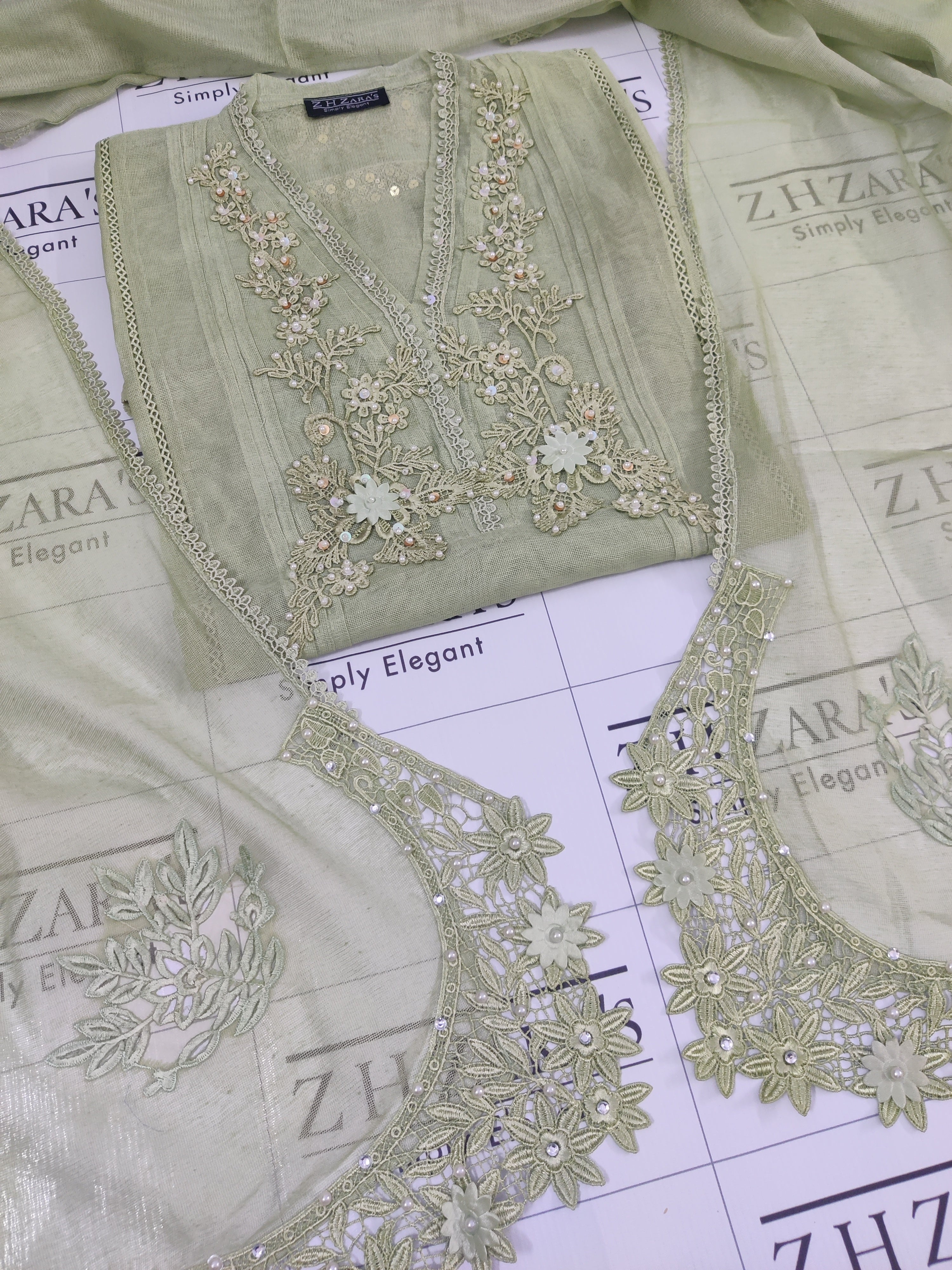 Cutwork Handwork Olive Green Cutwork Handwork 2pc – Z H Zara's