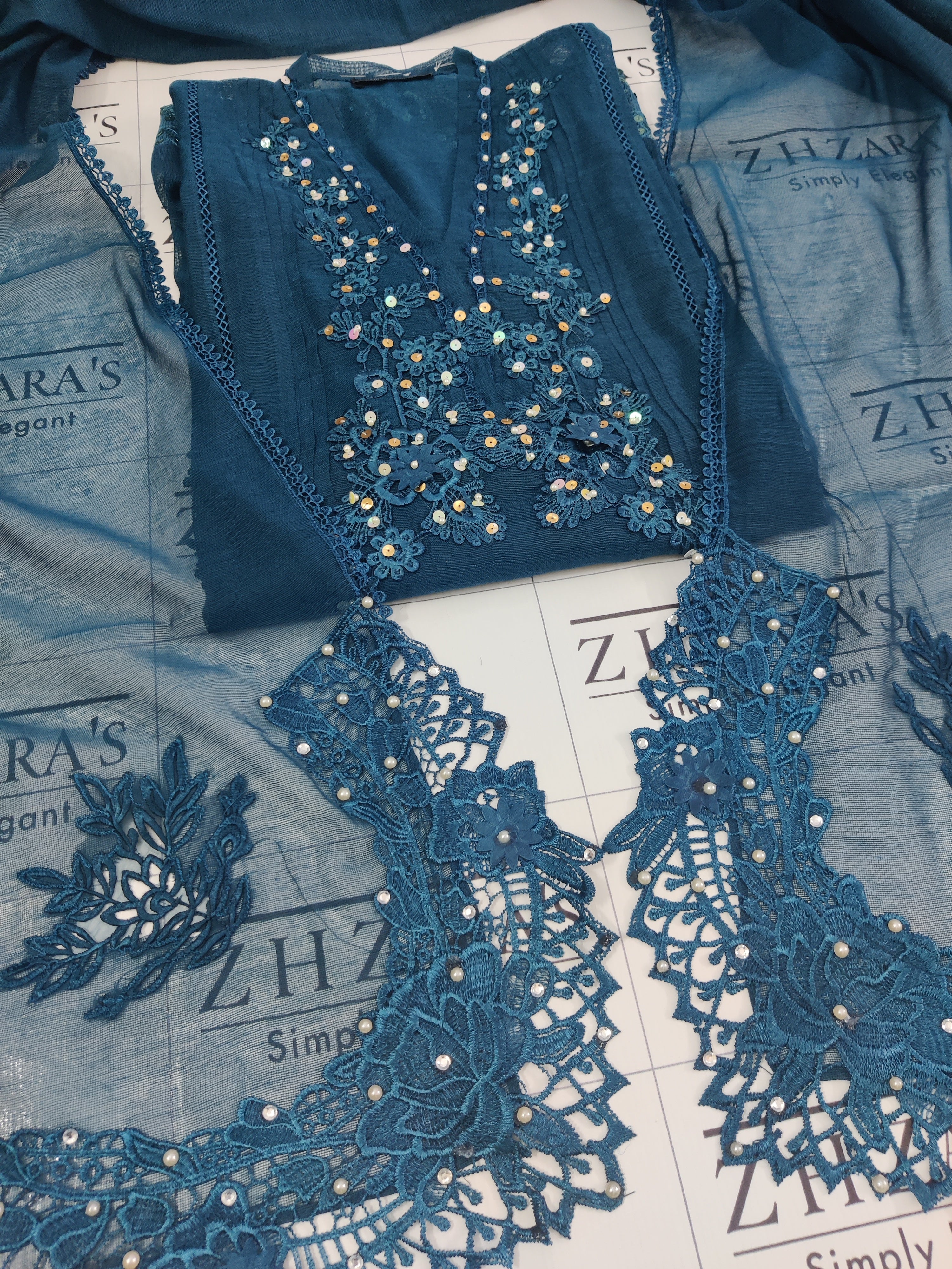 Cutwork Handwork Peacock Blue Cutwork Handwork 2pc – Z H Zara's