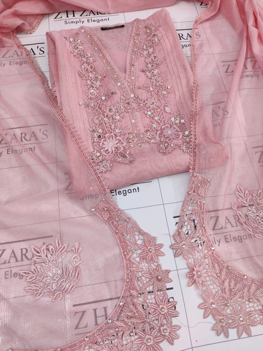 Peachy Pink Cutwork Handwork 2pc