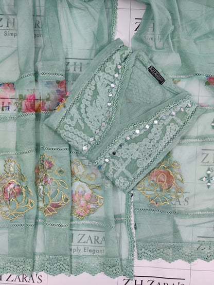 Aqua Organza Applique Cutwork 3pc