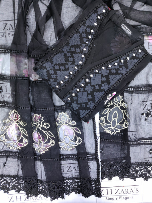 Black Organza Applique Cutwork 3pc