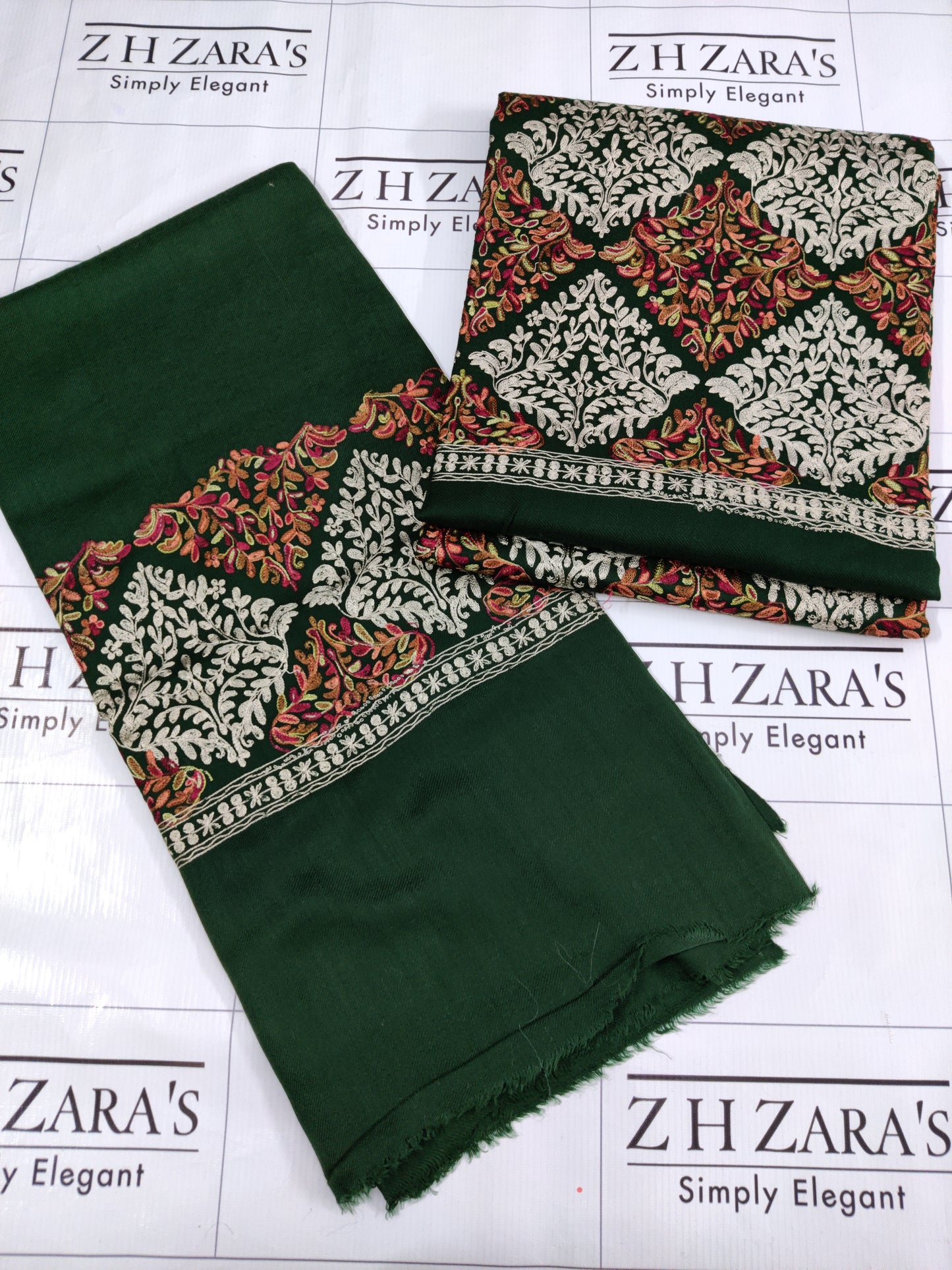 Bottle Green Embroidered Pashmina 3pc