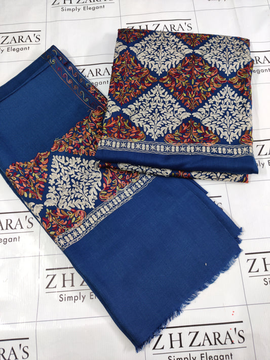 Peacock Blue Embroidered Pashmina 3pc