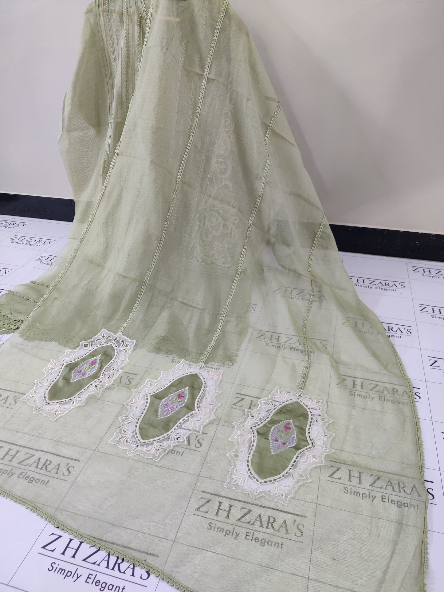 Olive Mint Green Cutwork Silk Applique 2pc