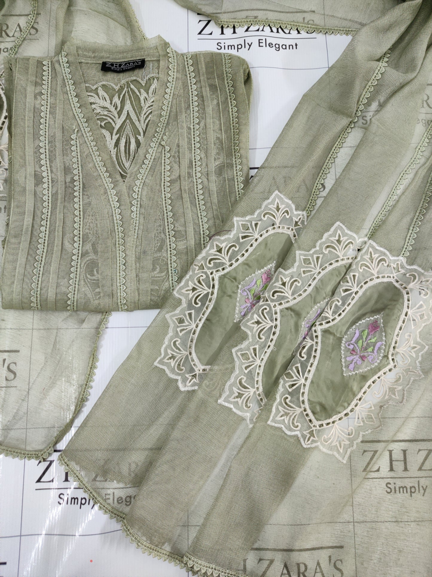 Olive Mint Green Cutwork Silk Applique 2pc