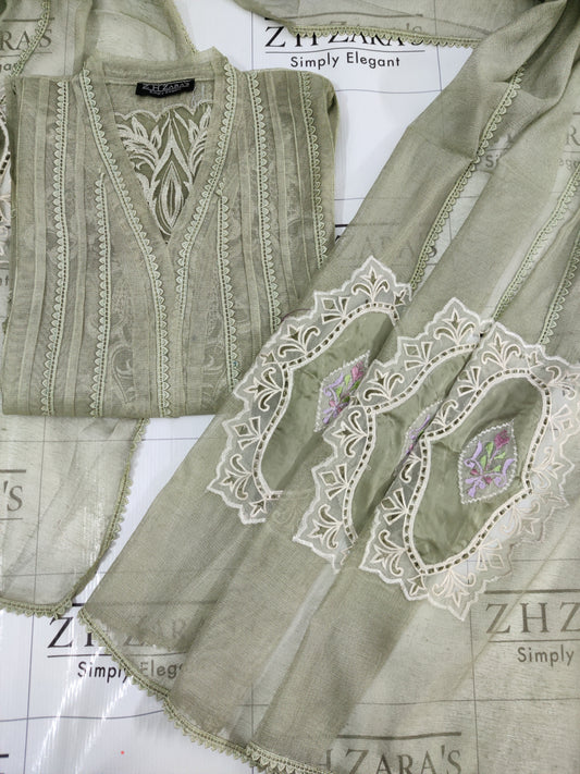 Olive Mint Green Cutwork Silk Applique 2pc