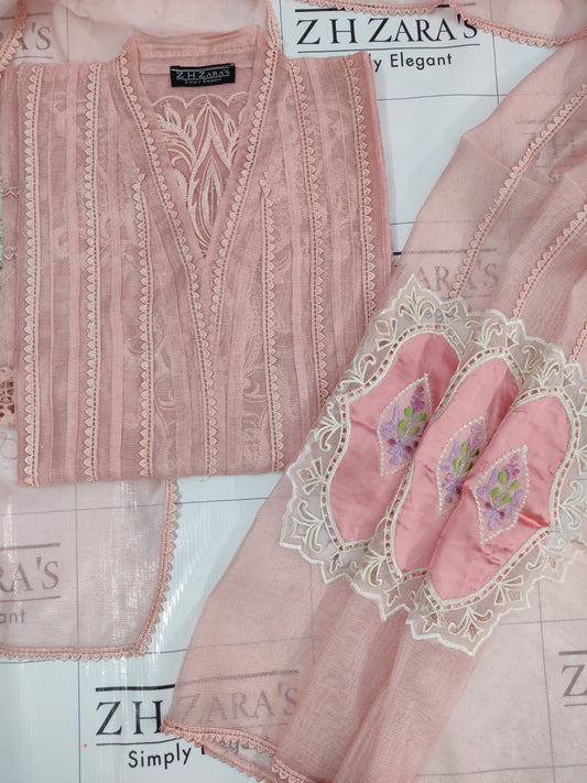 Peachy Pink Cutwork Silk Applique 2pc