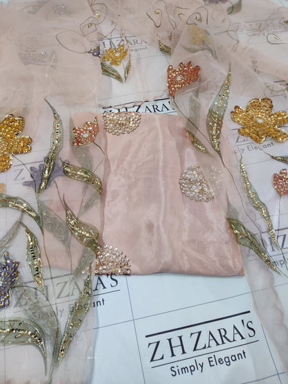 Peachy Pink V2 Hand Embellished Hand Painted Cutwork 3pc