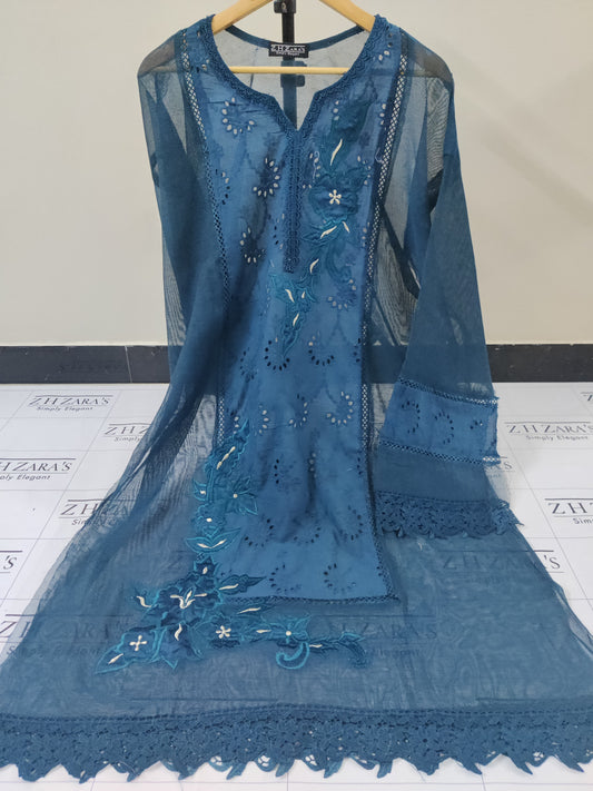 Silk applique 3pc Peacock Blue