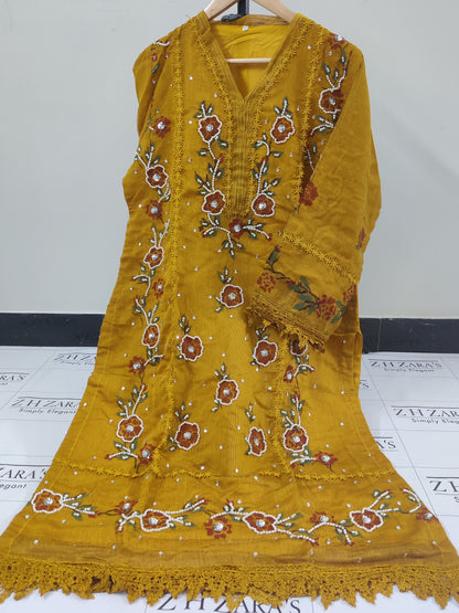 Floral Mustard Hand Painted Stitched 2pc