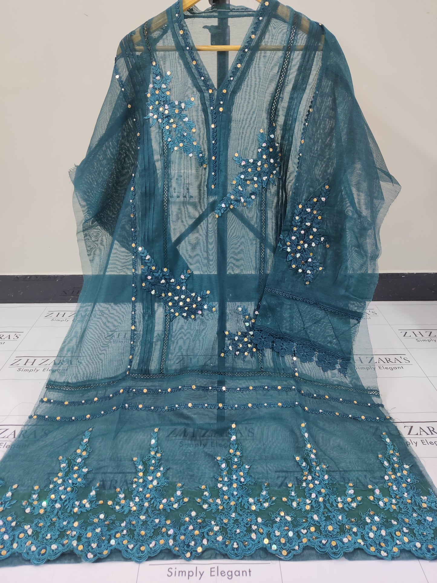 Peacock Green Cutwork Handwork 2pc