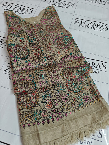 Cream Beige Needle Emb Pashmina Kaftan Shirt