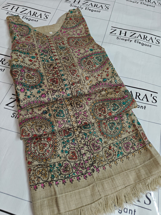 Cream Beige Needle Emb Pashmina Kaftan Shirt