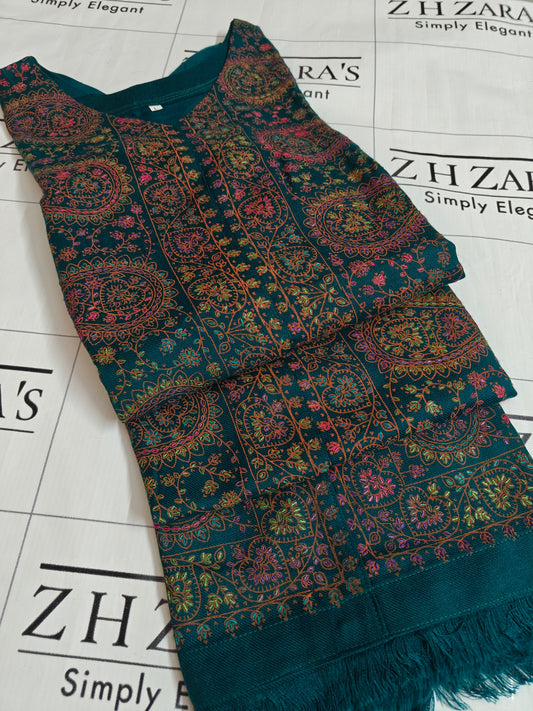 Peacock Green Needle Emb Pashmina Kaftan Shirt