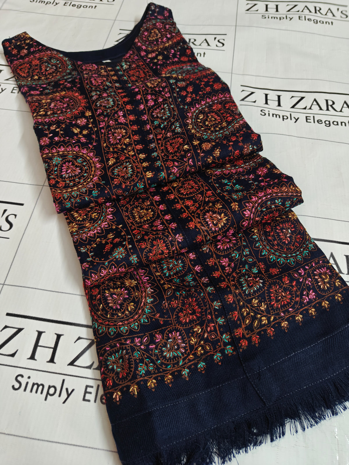 Navy Blue Needle Emb Pashmina Kaftan Shirt