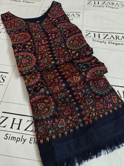 Navy Blue Needle Emb Pashmina Kaftan Shirt