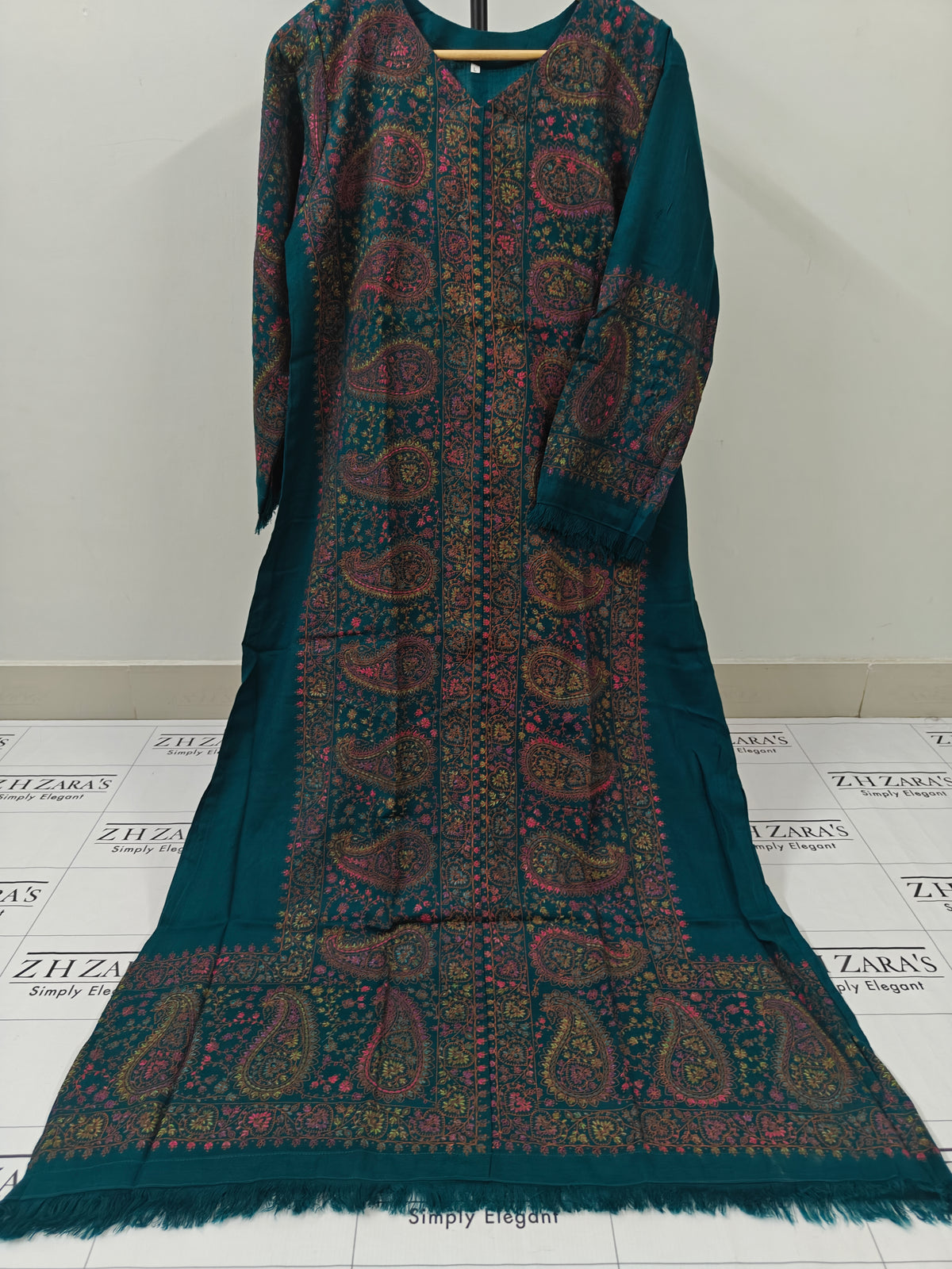 Peacock Green Needle Emb Pashmina Kaftan Shirt