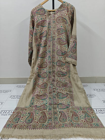 Cream Beige Needle Emb Pashmina Kaftan Shirt