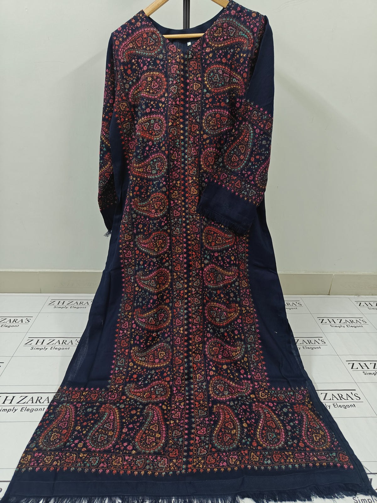 Navy Blue Needle Emb Pashmina Kaftan Shirt