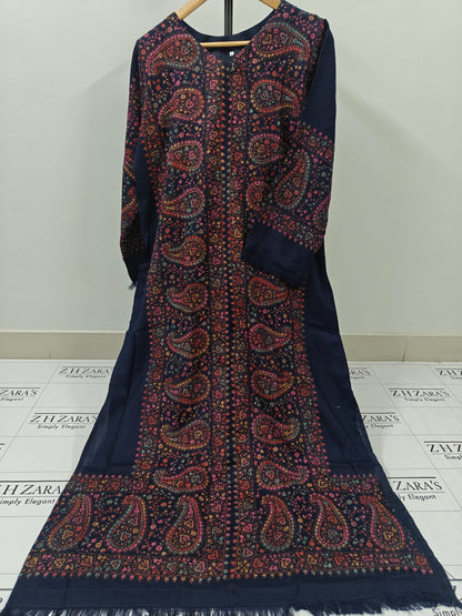 Navy Blue Needle Emb Pashmina Kaftan Shirt