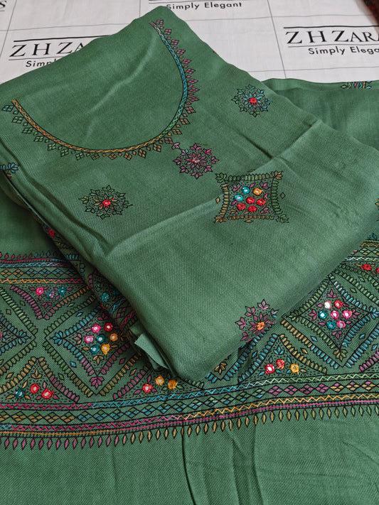 Olive Green Needle Mirror Embroidery Pashmina 3pc