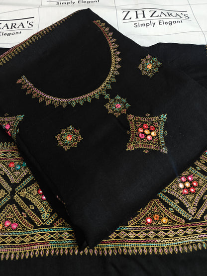Black Needle Mirror Embroidery Pashmina 3pc